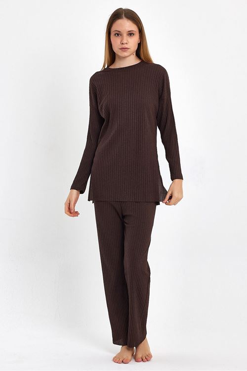 Kadın Kahve Kadın Fitilli Raporlu & Eşofman, Gündelik Ev Giyim Pijama Takımı