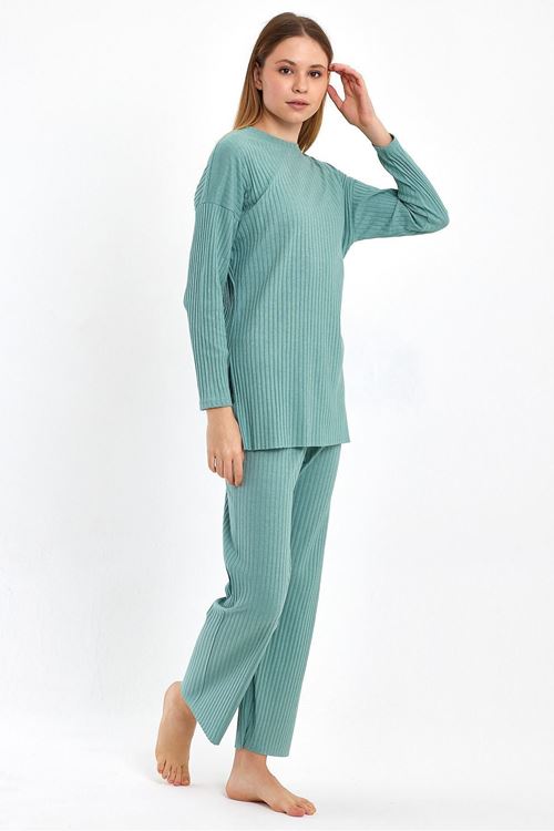 Kadın Su Yeşili Kadın Fitilli Raporlu & Eşofman, Gündelik Ev Giyim Pijama Takımı