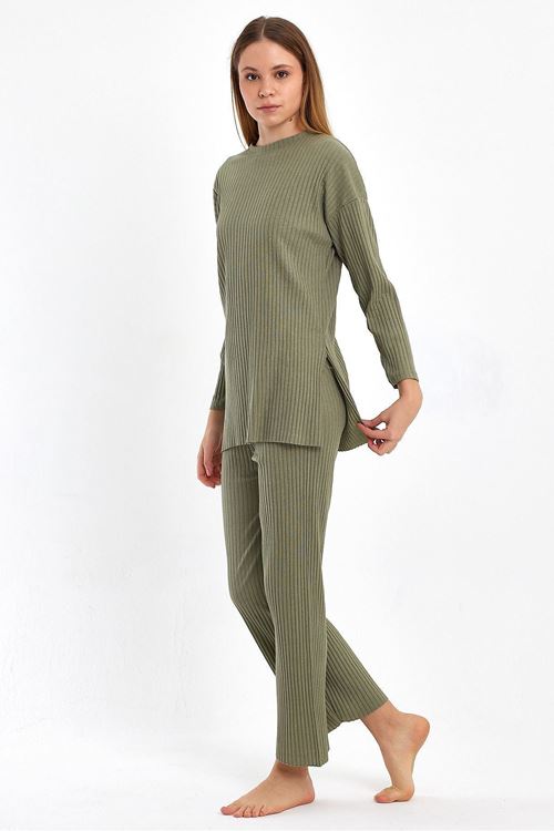 Kadın Açık Haki Kadın Fitilli Raporlu & Eşofman, Gündelik Ev Giyim Pijama Takımı