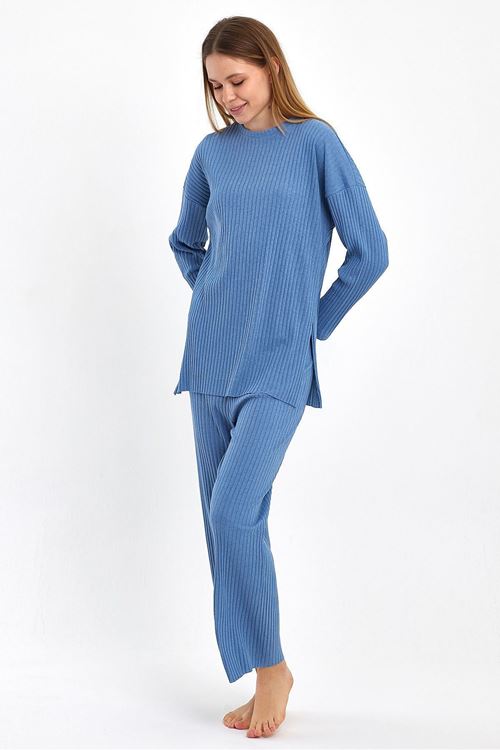 Kadın İndigo Kadın Fitilli Raporlu & Eşofman, Gündelik Ev Giyim Pijama Takımı