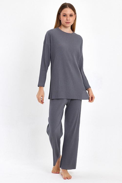 Kadın Füme Kadın Fitilli Raporlu & Eşofman, Gündelik Ev Giyim Pijama Takımı