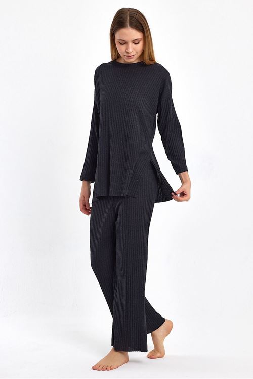 Kadın Antrasit Kadın Fitilli Raporlu & Eşofman, Gündelik Ev Giyim Pijama Takımı