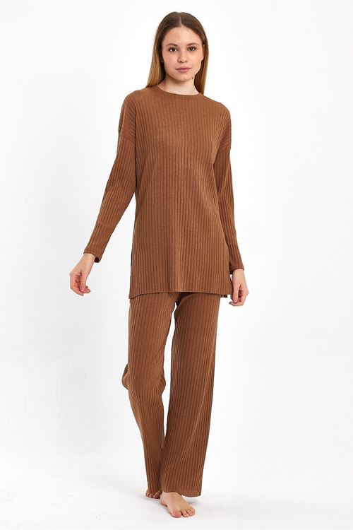 Kadın Kestane Kadın Fitilli Raporlu & Eşofman, Gündelik Ev Giyim Pijama Takımı