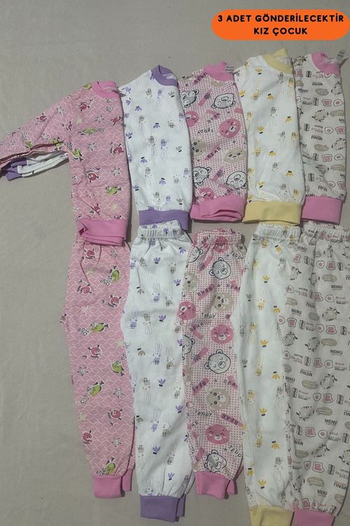 3'lü Kız Çocuk Karışık Baskılı Fiyat Performans Pamuk Basic Pijama Takımı