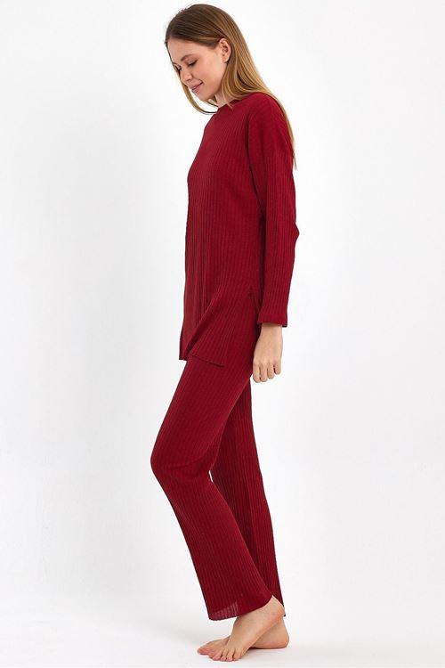 Kadın Bordo Kadın Fitilli Raporlu & Eşofman, Gündelik Ev Giyim Pijama Takımı