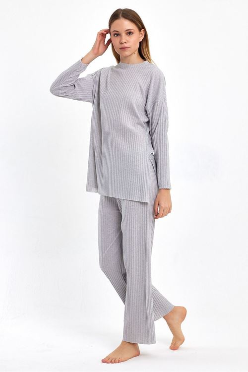 Kadın Açık Gri Kadın Fitilli Raporlu & Eşofman, Gündelik Ev Giyim Pijama Takımı