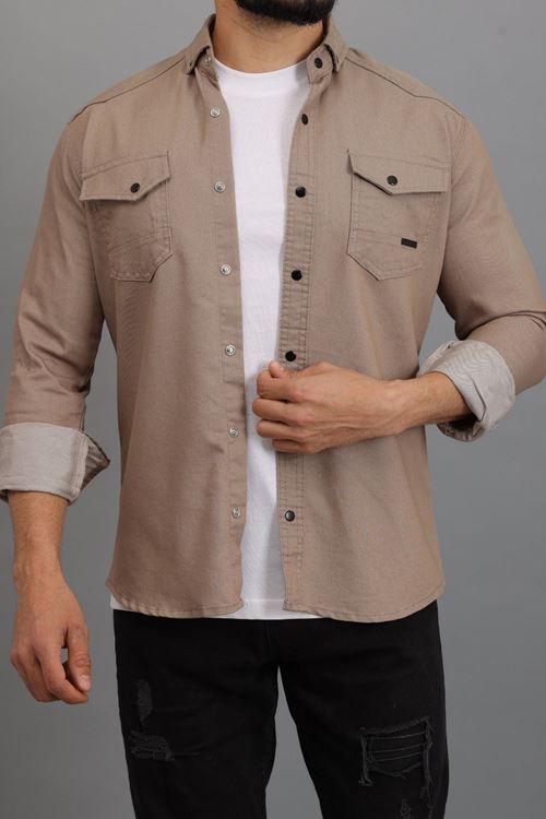 Erkek Vizon Slim Fit Dar Kalıp Pamuklu Kot Gömlek