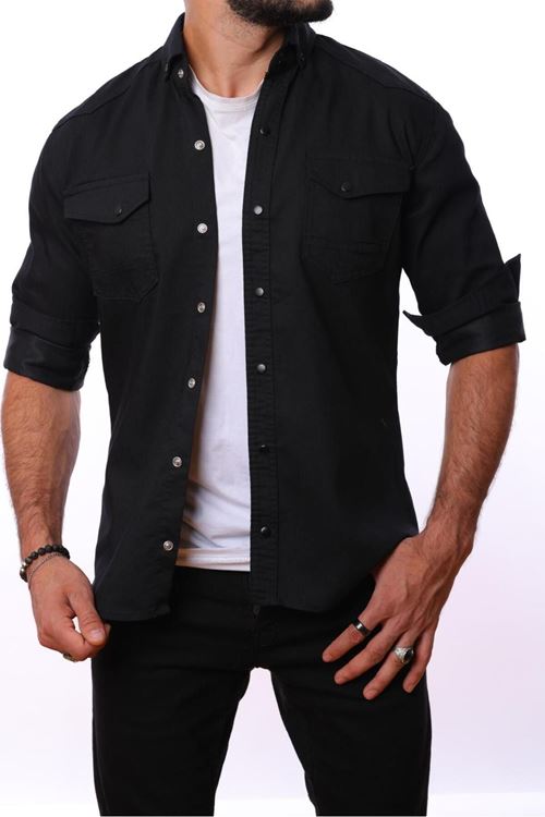 Erkek Siyah Slim Fit Dar Kalıp Pamuklu Kot Gömlek