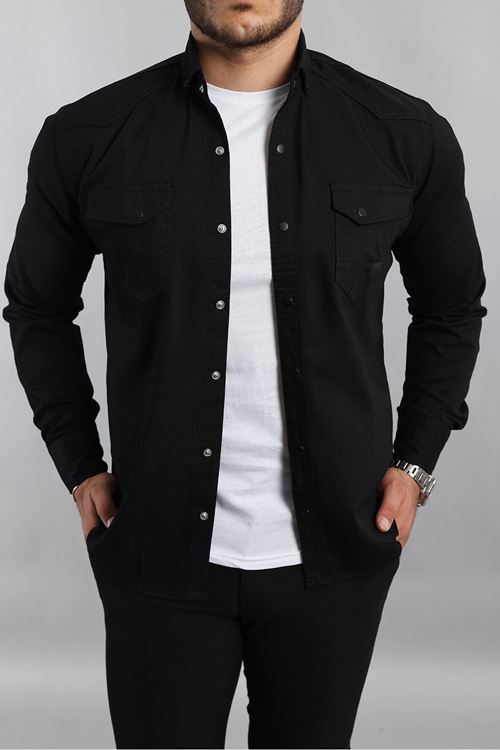 Erkek Dar Kesim Pamuklu Kot Gömlek Siyah