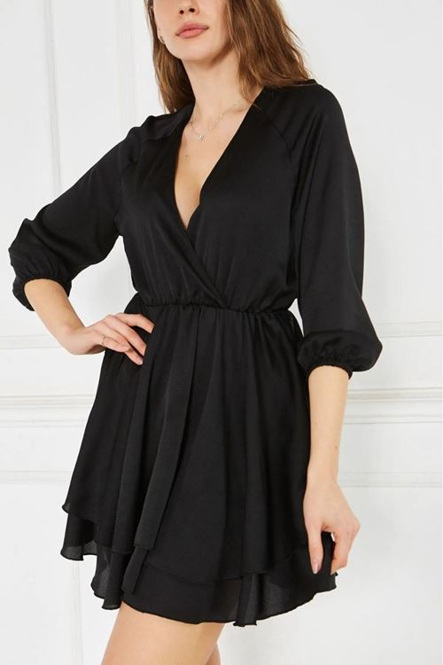 Oyga Kadın Kruvaze Yaka Volanlı Etek Saten Siyah Mini Elbise