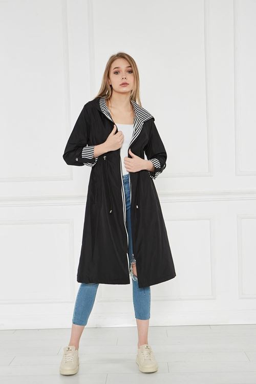 Kadın Beli Büzgülü Su Itici Kapüşonlu Trençkot