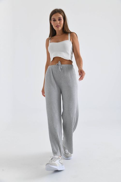Kadın Ribana Kumaş Fitilli Pantolon Gri
