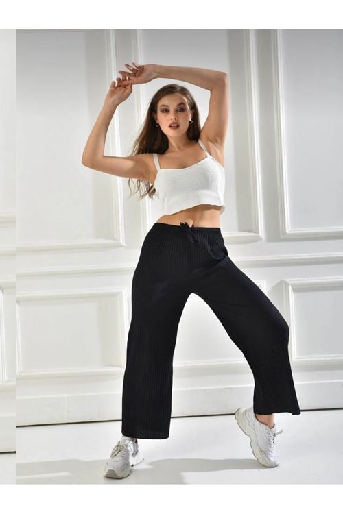 Kadın Siyah Rahat Fitilli Pantolon