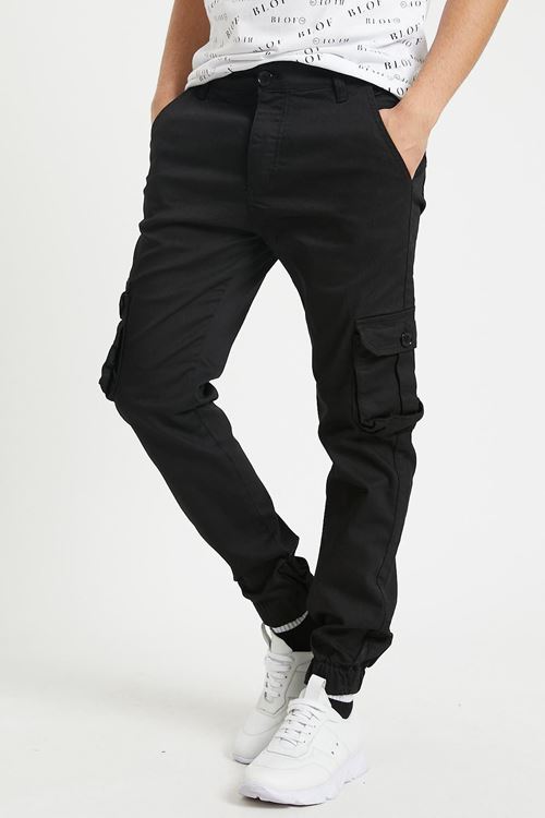 Siyah Slim Fit Yandan Cepli Bel Bağcıklı, Paçaları Lastikli Esnek Kumaş Erkek Kargo Pantolon