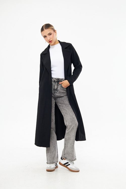 Kadın Siyah Kuşaklı Kışlık Kaşe Kaban Astarsız