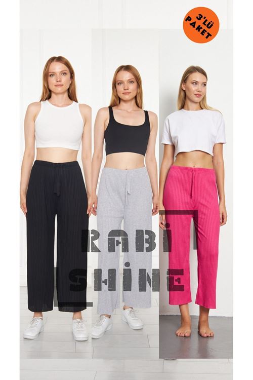 3'lü Siyah - Gri - Şeker Pembe Fitilli Rahat Eşofman, Gündelik Rahat Ev Giyim Eşofman Altı