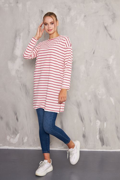 Kadın Kırmızı Düz Bisiklet Yaka Tesettür Tunik