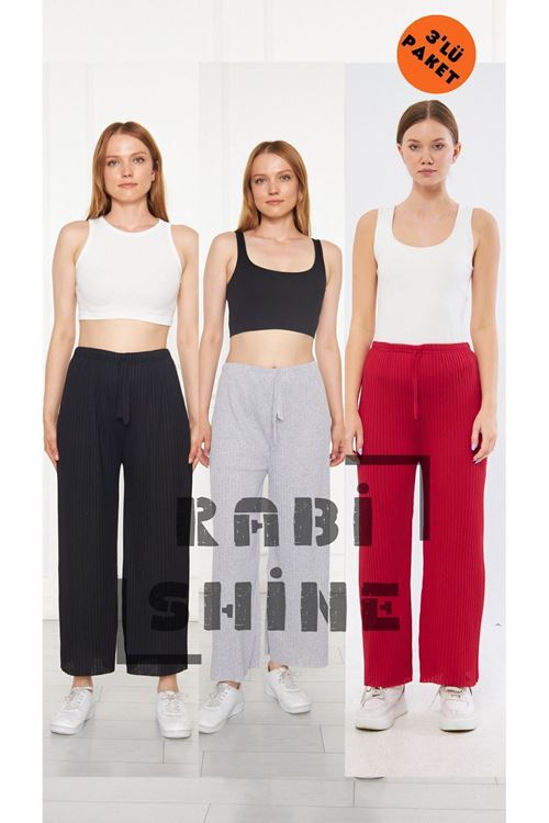 3'lü Siyah - Gri - Kırmızı Fitilli Rahat Eşofman, Gündelik Rahat Ev Giyim Eşofman Altı