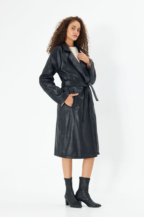 Kadın Siyah Bel Bağlamalı Oversize Raşel Suni Deri Trençkot