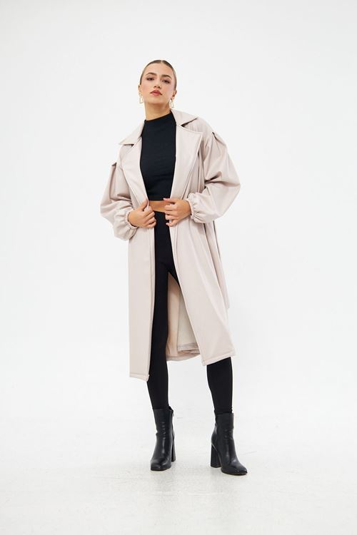 Kadın Taş Bel Bağlamalı Kol Büzgülü Deri Trençkot