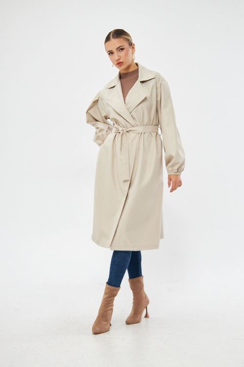 Kadın Taş Belden Bağlamalı Balon Kol Trençkot