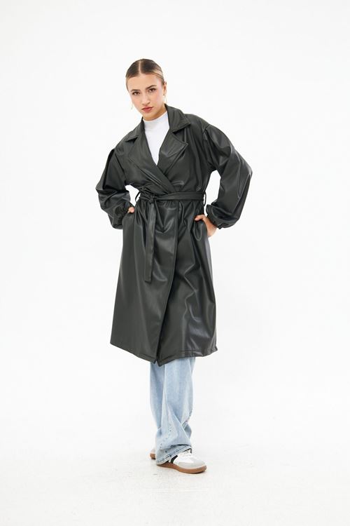 Kadın Zümrüt Bel Bağlamalı Kol Büzgülü Deri Trençkot