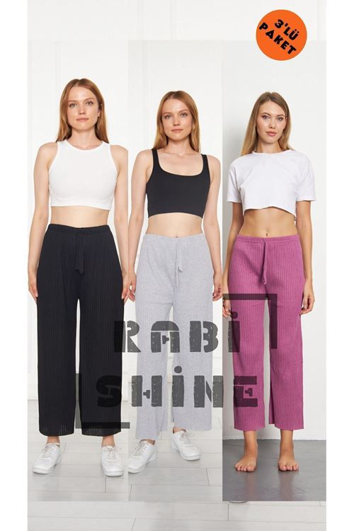 3'lü Siyah - Gri - Pembe Fitilli Rahat Eşofman, Gündelik Rahat Ev Giyim Eşofman Altı