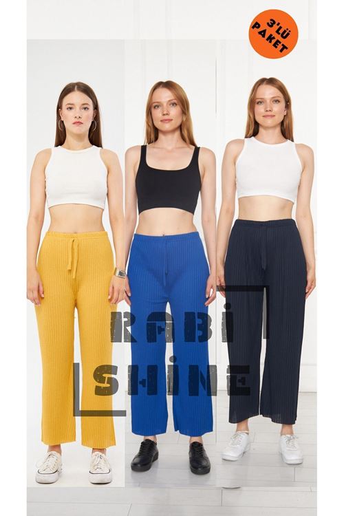 3'lü Sarı - Sax - Lacivert Fitilli Rahat Eşofman, Gündelik Rahat Ev Giyim Eşofman Altı