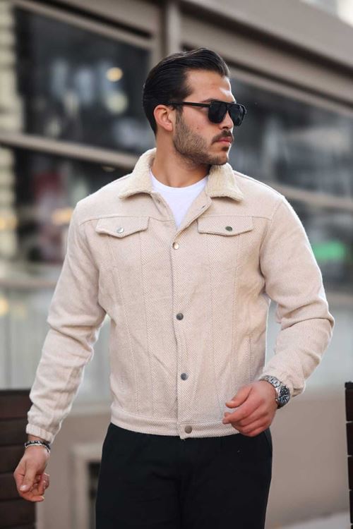 Erkek Çizgi Desenli Kısa Kaşe Kaban Kürk Yaka Detaylı