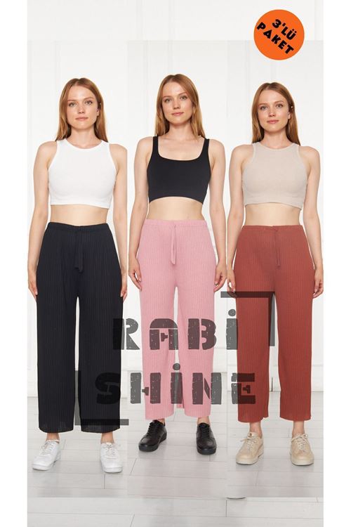 3'lü Siyah - Gül Kurusu - Kiremit Fitilli Rahat Eşofman, Gündelik Rahat Ev Giyim Eşofman Altı