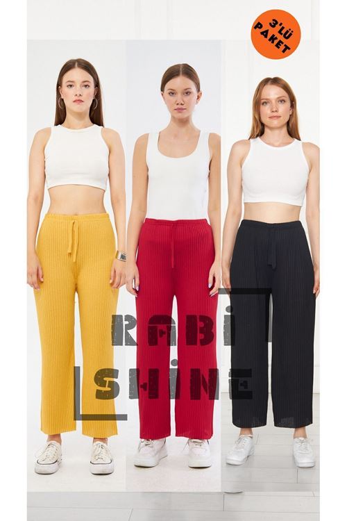 3'lü Sarı - Kırmızı - Siyah Fitilli Rahat Eşofman, Gündelik Rahat Ev Giyim Eşofman Altı