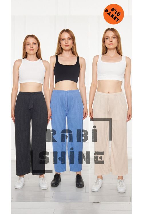 3'lü Siyah - İndigo - Krem Fitilli Rahat Eşofman, Gündelik Rahat Ev Giyim Eşofman Altı