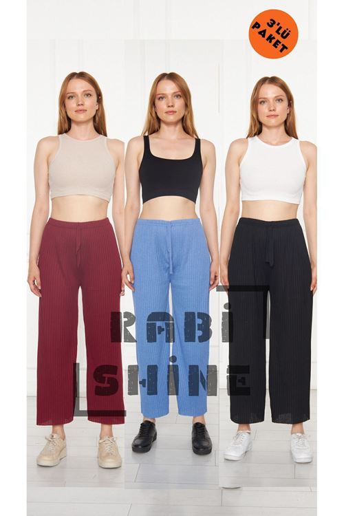 3'lü Bordo - Su Mavisi - Siyah Fitilli Rahat Eşofman, Gündelik Rahat Ev Giyim Eşofman Altı