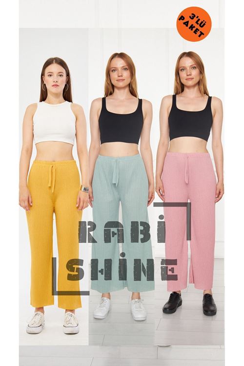 3'lü Sarı - Su Yeşili - Gül Kurusu Fitilli Rahat Eşofman, Gündelik Rahat Ev Giyim Eşofman Altı