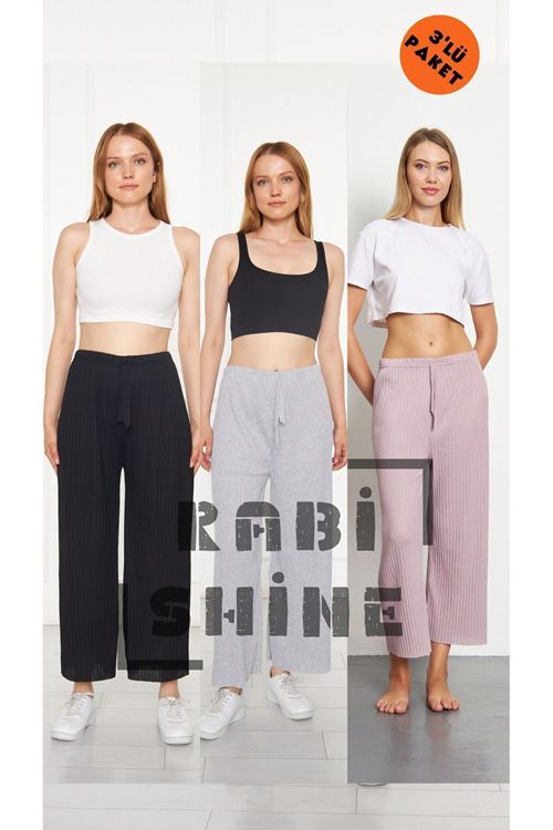 3'lü Siyah - Gri - Lila Fitilli Rahat Eşofman, Gündelik Rahat Ev Giyim Eşofman Altı