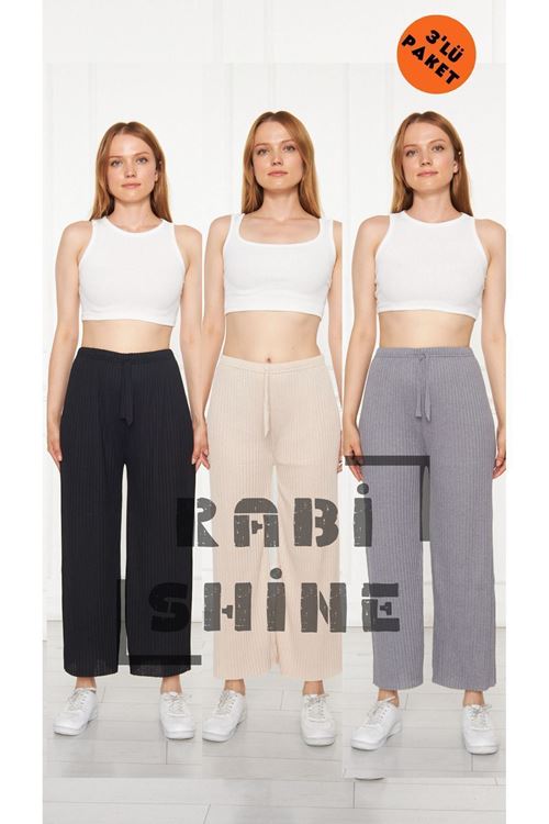 3'lü Siyah - Krem - Füme Fitilli Rahat Eşofman, Gündelik Rahat Ev Giyim Eşofman Altı