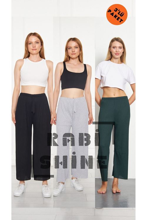 3'lü Siyah - Gri - K.Yeşil Fitilli Rahat Eşofman, Gündelik Rahat Ev Giyim Eşofman Altı