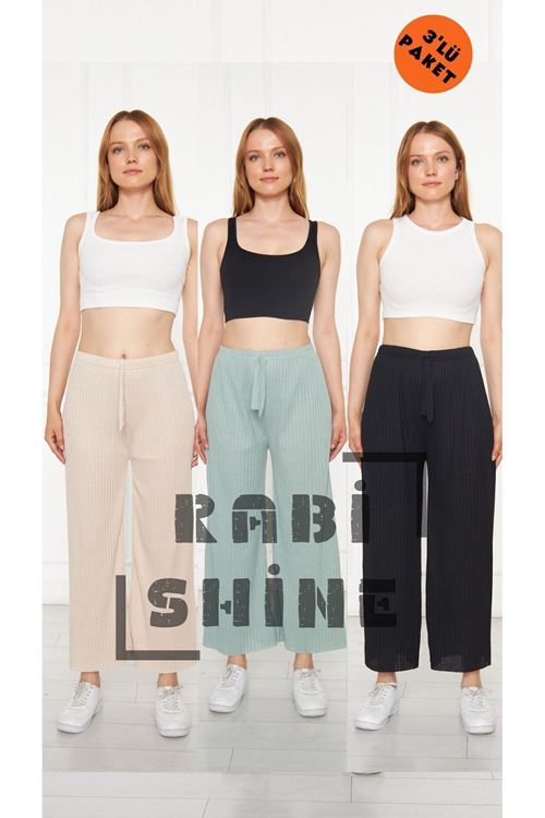 3'lü Krem - Su Yeşili - Siyah Kadın Fitilli Rahat Pantolon & Eşofman, Gündelik Rahat Ev Giyim Pijama