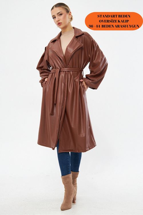 Kadın Kahve Bel Bağlamalı Kol Büzgülü Deri Trençkot