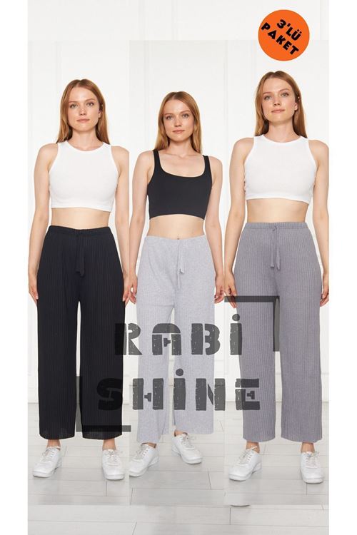 3'lü Siyah - Gri - Füme Kadın Fitilli Rahat Pantolon & Eşofman, Gündelik Rahat Ev Giyim Pijama