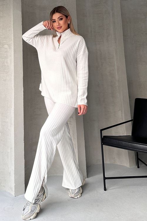 Kadın Fitilli Yaka Fermuarlı Paçası Yırtmaçlı Yanlardan Fermuarlı Takım