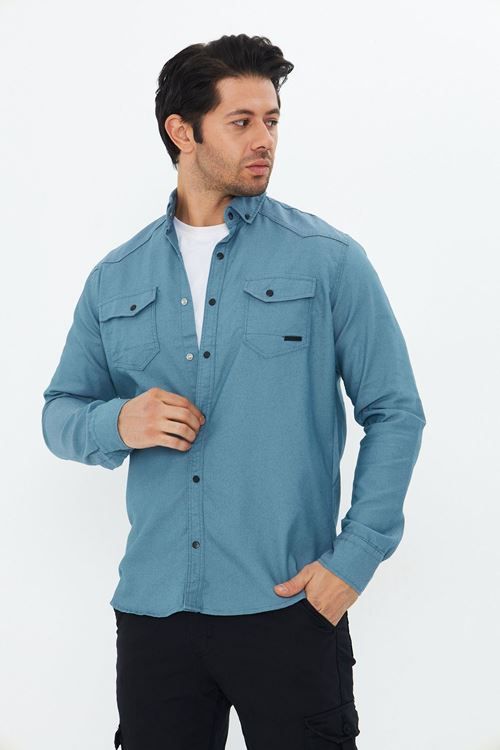 Erkek Slim Fit Dar Kalıp Çift Cepli Armürlü Kot Gömlek