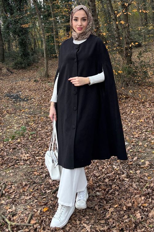 Kadın Siyah Kaşe Kolsuz Tesettür Kaban Pelerin Panço