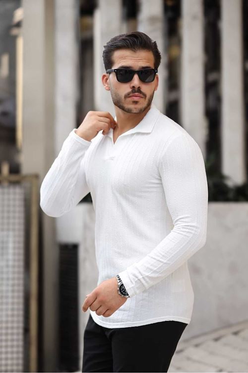 Erkek Beyaz Polo Yaka Sweatshirt