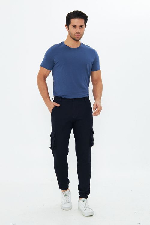 Erkek Lacivert Slim Fit Yandan Cepli Bel Kemerli Paçaları Lastikli Esnek Kumaş Erkek Kargo Pantolon
