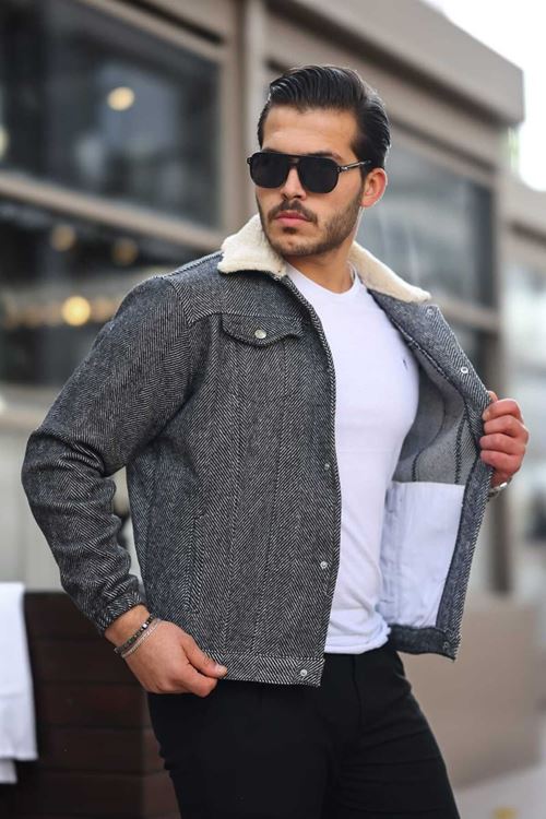 Erkek Siyah Çizgi Desenli Kaşe Ceket Kürk Yaka Detaylı