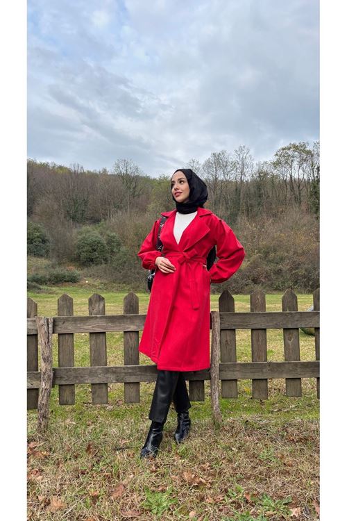 Kadın Kol Büzgülü Kuşaklı Astarsız Kaşe Kaban