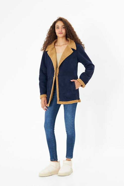 Kadın Lacivert İçi Kürklü Tek Düğmeli Nubuk Mont