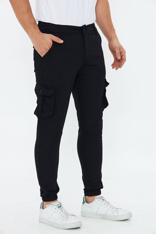 Erkek Siyah Slim Fit Yandan Cepli Bel Kemerli Paçaları Lastikli Esnek Kumaş Erkek Kargo Pantolon