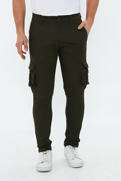 Erkek Slim Fit Yandan Cepli Bel Kemerli Düz Paça Esnek Kumaş Erkek Kargo Pantolon
